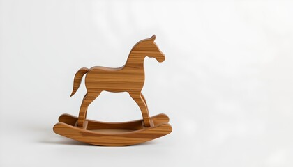 A wooden rocking horse with a smooth finish, set against a clean white background that provides contrast to the wood's natural tones.