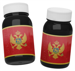 Pair of Sleek Black Bottles Adorned with the National Flag of Montenegro and Fresh Condensation,...
