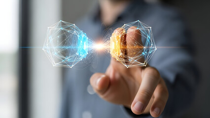 A man interacting with futuristic digital graphics in a modern office setting