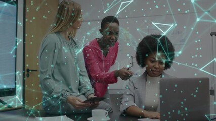 Collaborating at office, diverse businesswomen using animation for digital networking