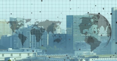 World map animation over cityscape with tall buildings and grid lines - Powered by Adobe