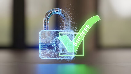 A glowing blue padlock with a green checkmark indicating success and security
