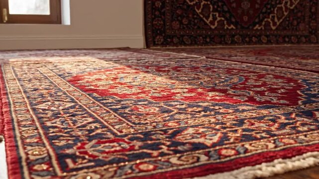 A partially rolled up oriental rug on a floor in a room with another rug on the wall, natural light from a door