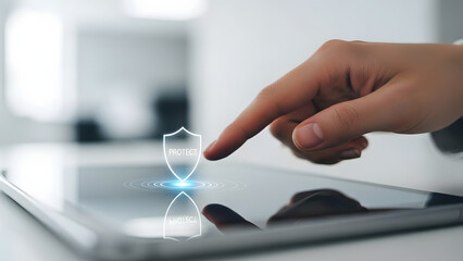 A hand interacting with a secure digital shield on a tablet screen