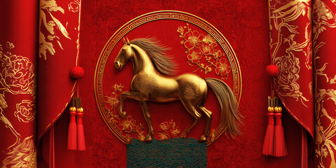Golden zodiac horse on red panoramic background, year of the horse celebration, lunar chinese new year traditional web banner