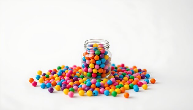 A small glass jar filled with brightly colored M&M candies, resting amidst a scattering of additional loose M&Ms.