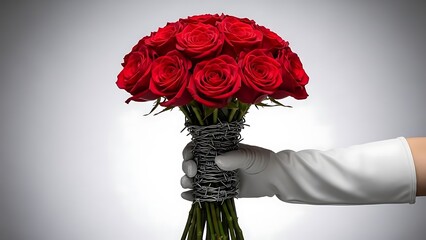 Hand in white glove holding bouquet of red roses wrapped in barbed wire flowers