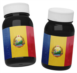 Obraz premium Two Dark Supplement Bottles Adorned with Historical Socialist Republic of Romania Flag Labels and Water Droplets