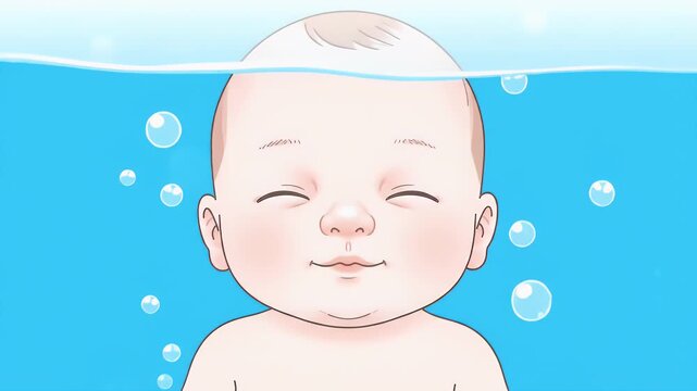 Smiling Baby Immersed Underwater Animation with Bubbles on Blue Background For Educational Purposes 190 Characters