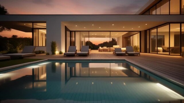 Modern home with pool and deck at sunset, outdoor living space with furniture and lighting, reflecting relaxation and luxury