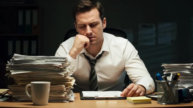 Stressed businessman overwhelmed with paperwork in office. Late-night work creates heavy workload pressure. Tension and challenges of professional life are evident.