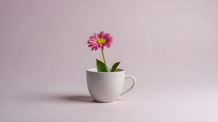 Fototapeta premium Pink gerbera daisy with fresh flower in white cup on light background