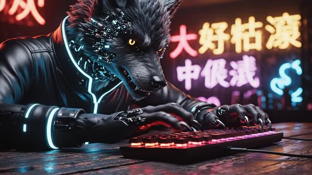 Cyberpunk wolf-like creature using computer in neon-lit, futuristic Asian city night background, possibly for tech or gaming concept
