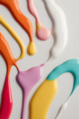 Splashing stains and spots on white background. Purple, orange, blue, red and pink color  