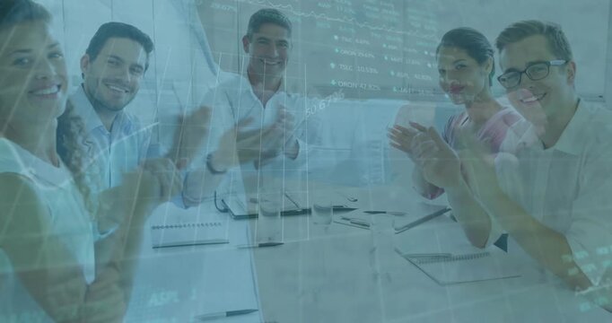 Office professionals applauding post-presentation celebrating growth as finance overlay emerging