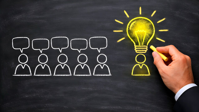 "Businessman sketches people and a lightbulb on a chalkboard to symbolize problem-solving in meetings."