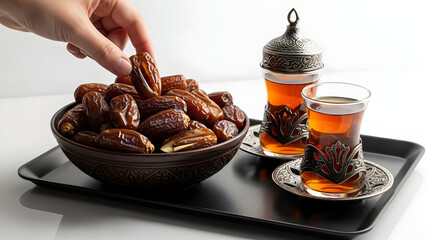 A hand reaches for a date from a bowl next to two glasses of tea on a tray