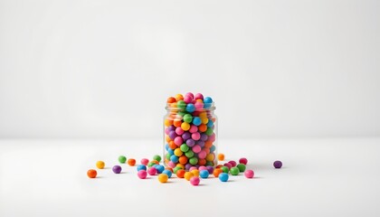 A collection of multicolored candy coated chocolate pieces spills out from a jar in the foreground against a white background.