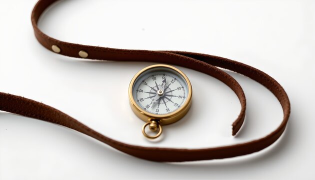 A brass compass with a brown leather strap is prominently displayed against a white background