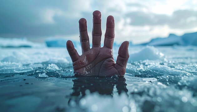 Human hand reaching out for help from icy cold water after falling through ice. Winter drowning risk