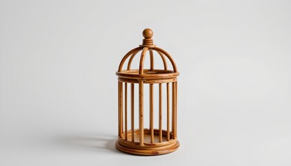 A wooden birdcage standing alone on a neutral colored surface against a minimalist background.