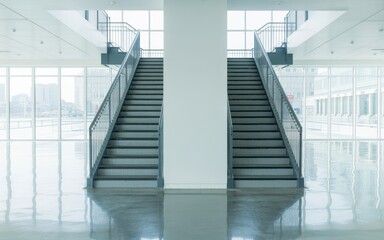 Naklejka premium Modern office building interior with sleek staircase and city view