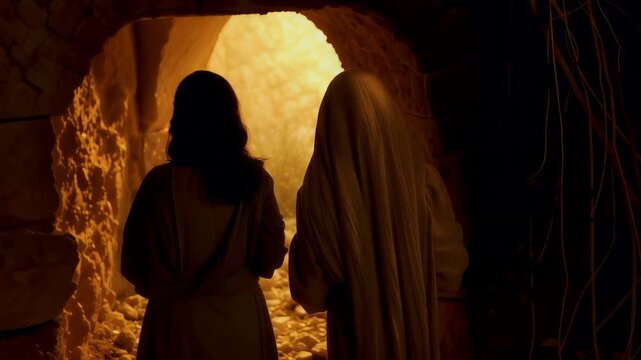 Bible Easter A peaceful and hopeful image of Mary Magdalene and other women approaching the empty tomb of Jesus at sunrise