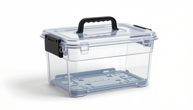 A plastic toolbox with a clear lid and an integrated handle for carrying. It's placed against a white background, allowing its details to stand out.