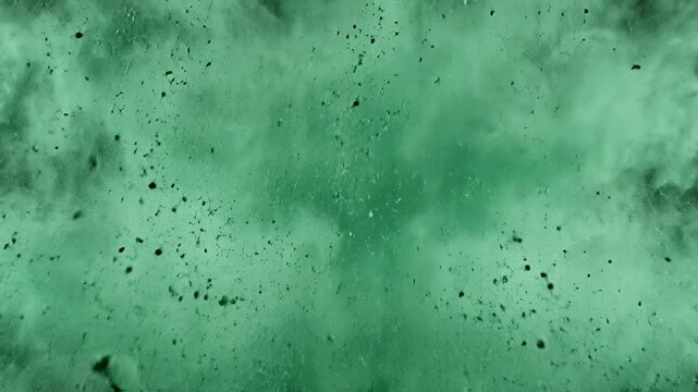 Dynamic green explosion background with particles and smoke, vibrant abstract texture perfect for multimedia creative design projects