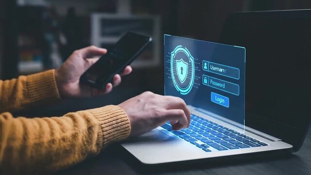 Cyber Security and Data Protection Concept: Person Using Laptop with Futuristic Login Interface and Two-Factor Authentication on Smartphone for Secure Online Access 4k video