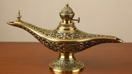 Fototapeta premium An antique ornate oil lamp with intricate golden carvings sits on a wooden table