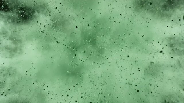 Dynamic green explosion of colored powder captured mid-air with particles dispersing vividly against a contrasting background, ideal for creative use