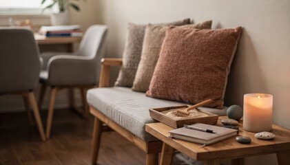 Medium shot capturing a calm corner with cozy cushions and a stressrelief toolkit sharply in focus while the social workers interaction area is softly blurred