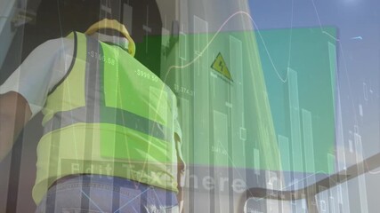 Animation of graphs over caucasian male worker walking into wind turbine - Powered by Adobe