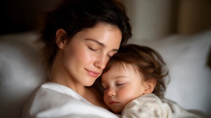 Tired mother lying beside her child at bedtime, closed eyes and gentle presence expressing love, sacrifice, and physical exhaustion. cinematic color correction, natural uneven lighting yet gentle