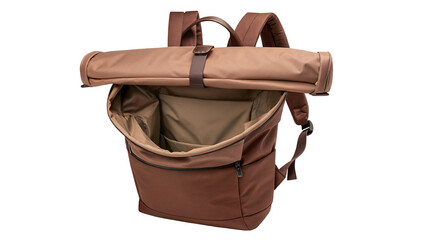 Brown leather backpack with open top and rolled up flap
