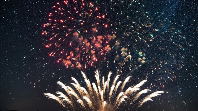 Colorful fireworks exploding in the night sky at a celebration