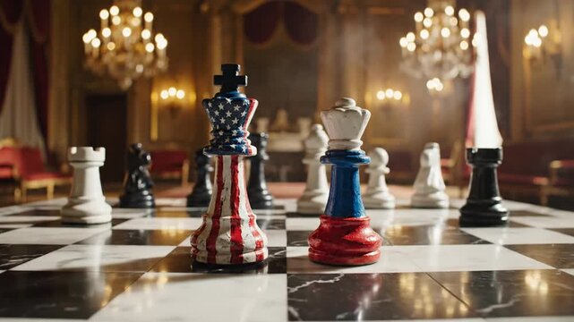 Patriotic chess pieces on a board in an ornate room with chandeliers and American flag design