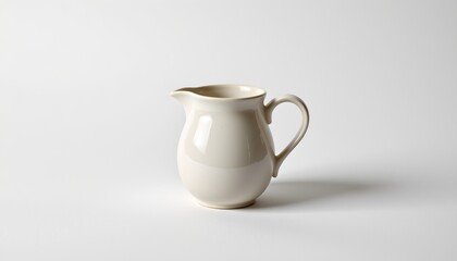 A white ceramic pitcher with two handles, resting on a flat surface against a neutral background.