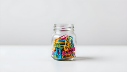 A clear jar filled with various items that resemble office supplies, placed on a white surface against a gray background.