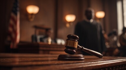 Obraz premium Gavel and judge in dimly lit courtroom. Artificial intelligence image