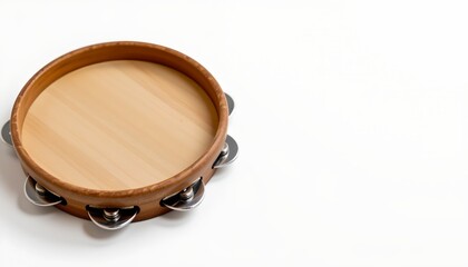 A handmade wooden tambourine with metal jingles.