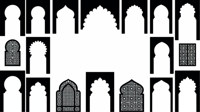 Collection of traditional Islamic arch and window designs in black and white.