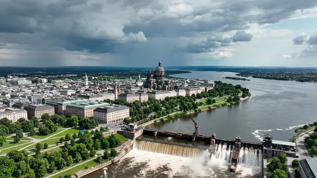 Cityscape with river weir flowing into a wide riverbed