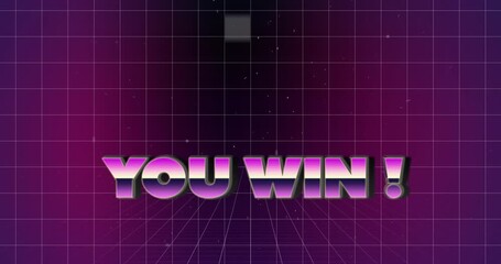 You win text banner over grid network against abstract shapes on purple background - Powered by Adobe
