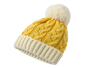 Vibrant yellow knit beanie with white pom-pom and ribbed cuff