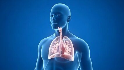 Transparent human figure showing highlighted lungs against a blue background from a front view