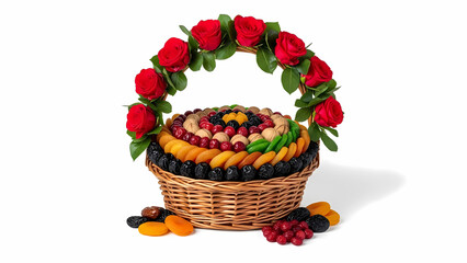 Elegant Floral Dry Fruits Gift Basket for Celebrations Isolated