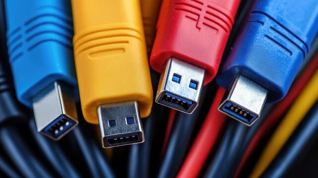 Close-up view of various USB cables in different colors for data transfer and connectivity