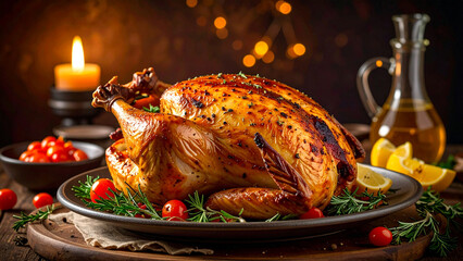 A delicious holiday dinner dish of a whole roast chicken served with cooked vegetables on a white plate.